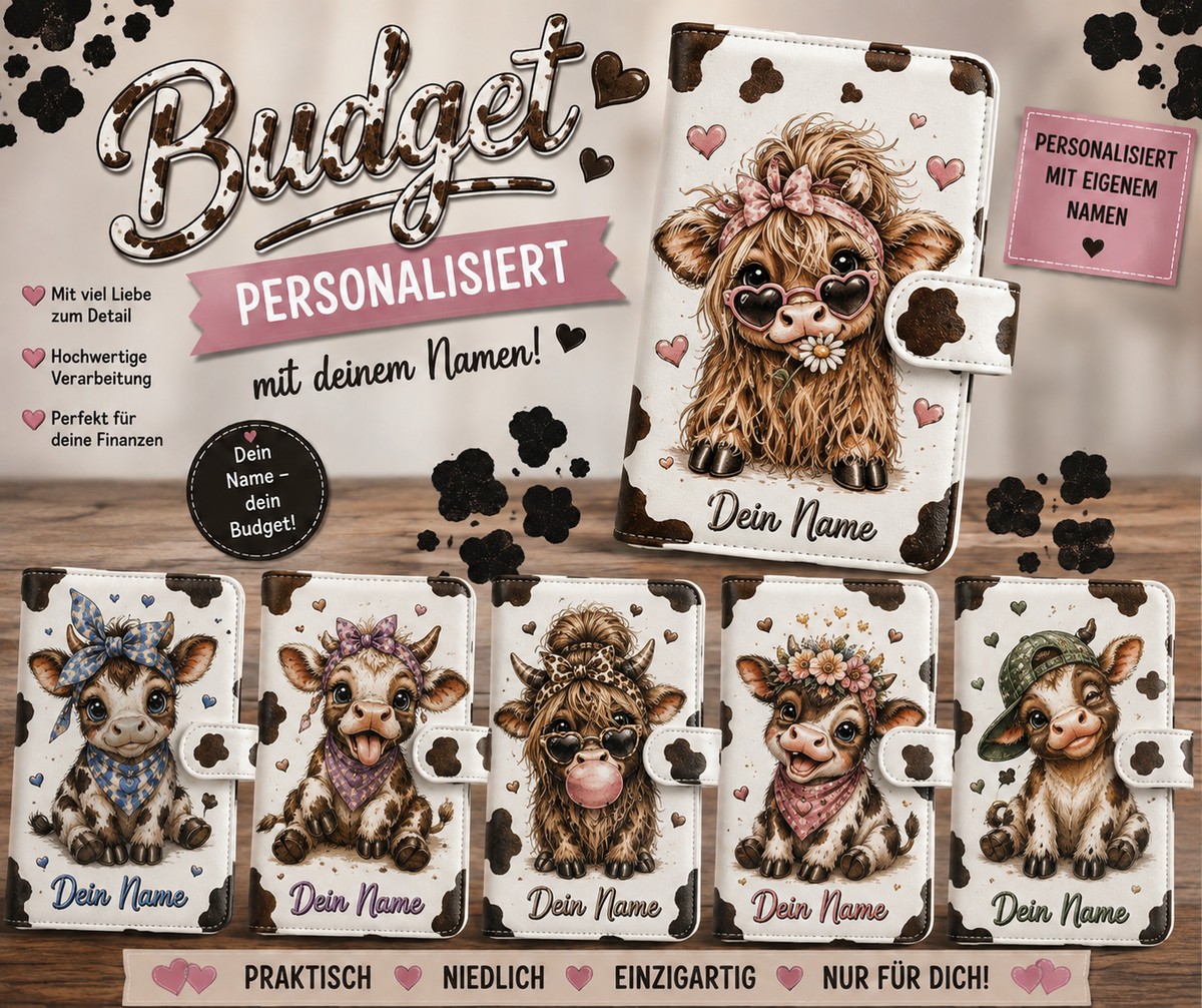 Personalisierter Kuh Budget Binder A6 – Wunschname & Motiv