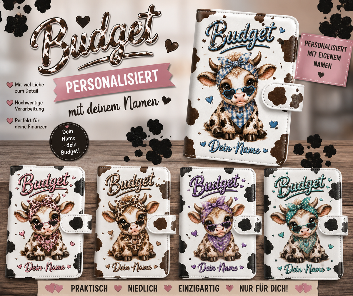 Personalisierter Kuh Budget Binder A6 – Wunschname & Motiv