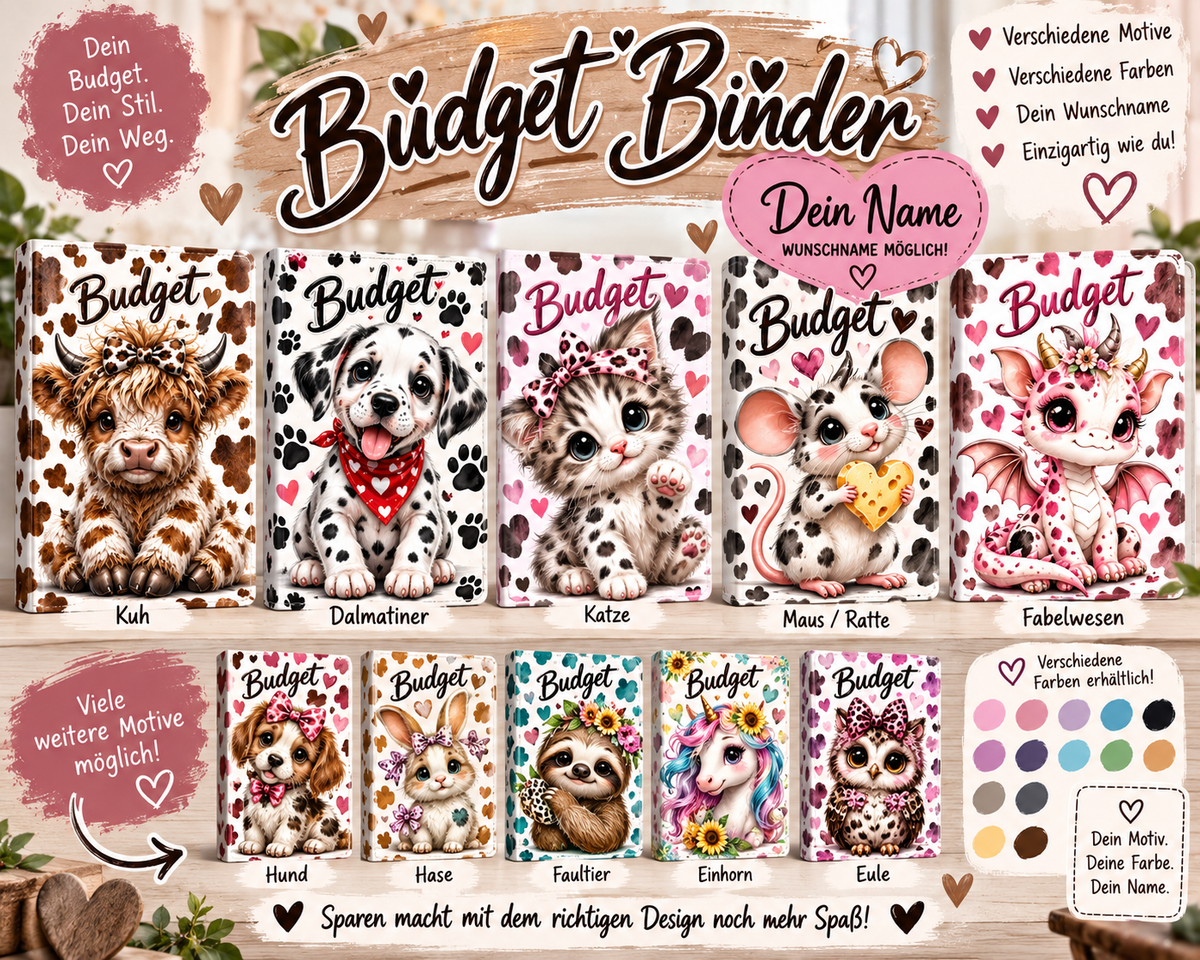 Personalisierter Kuh Budget Binder A6 – Wunschname & Motiv