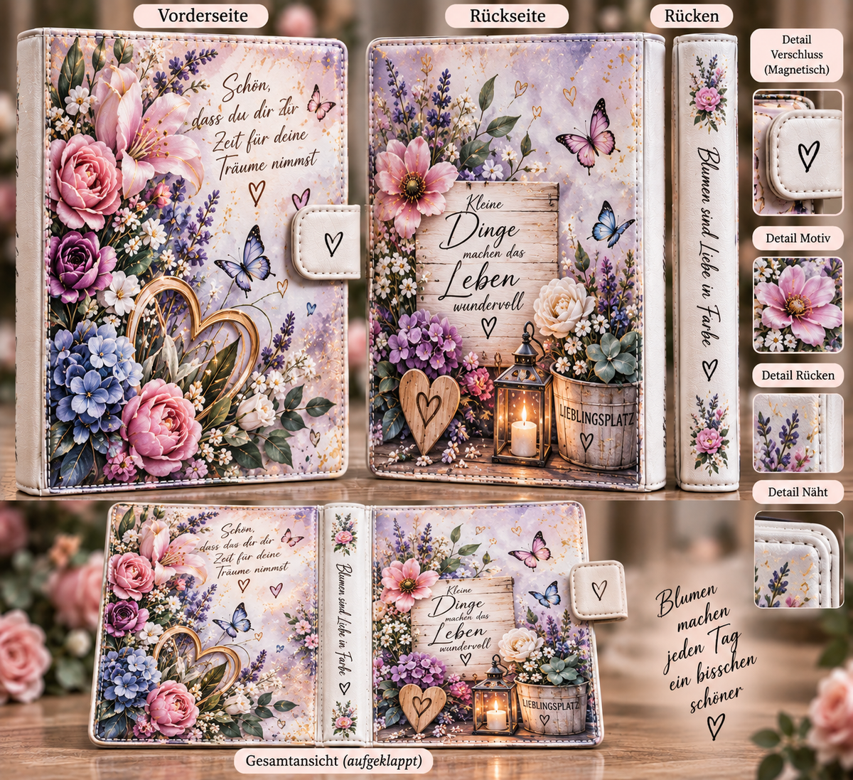 Budget Binder Blumen – Vorderseite, Rückseite und Gesamtansicht