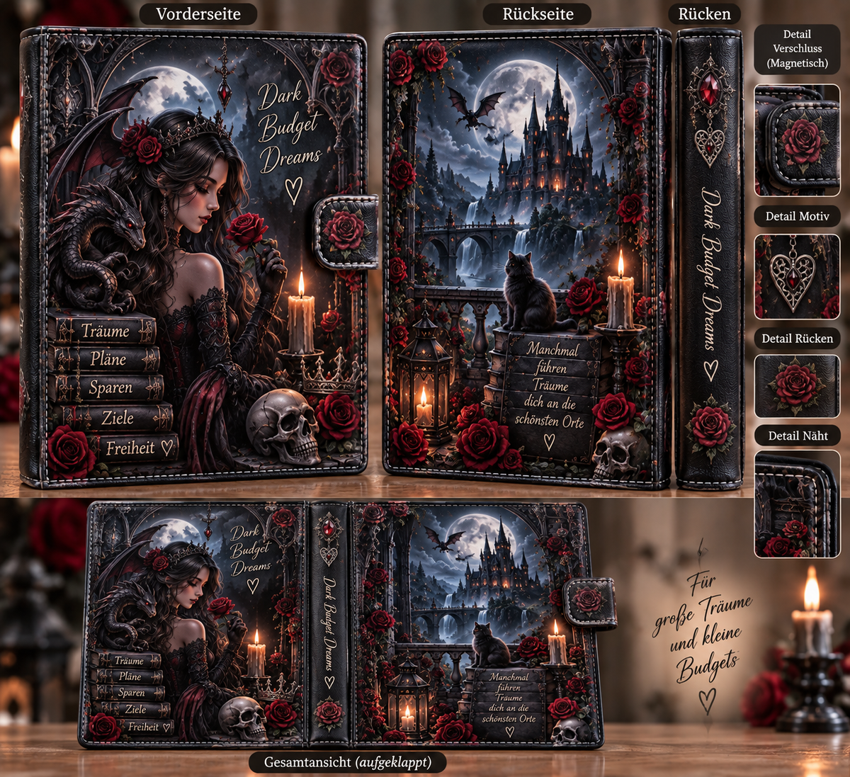Gothic Budget Binder – Vorderseite, Rückseite und Gesamtansicht