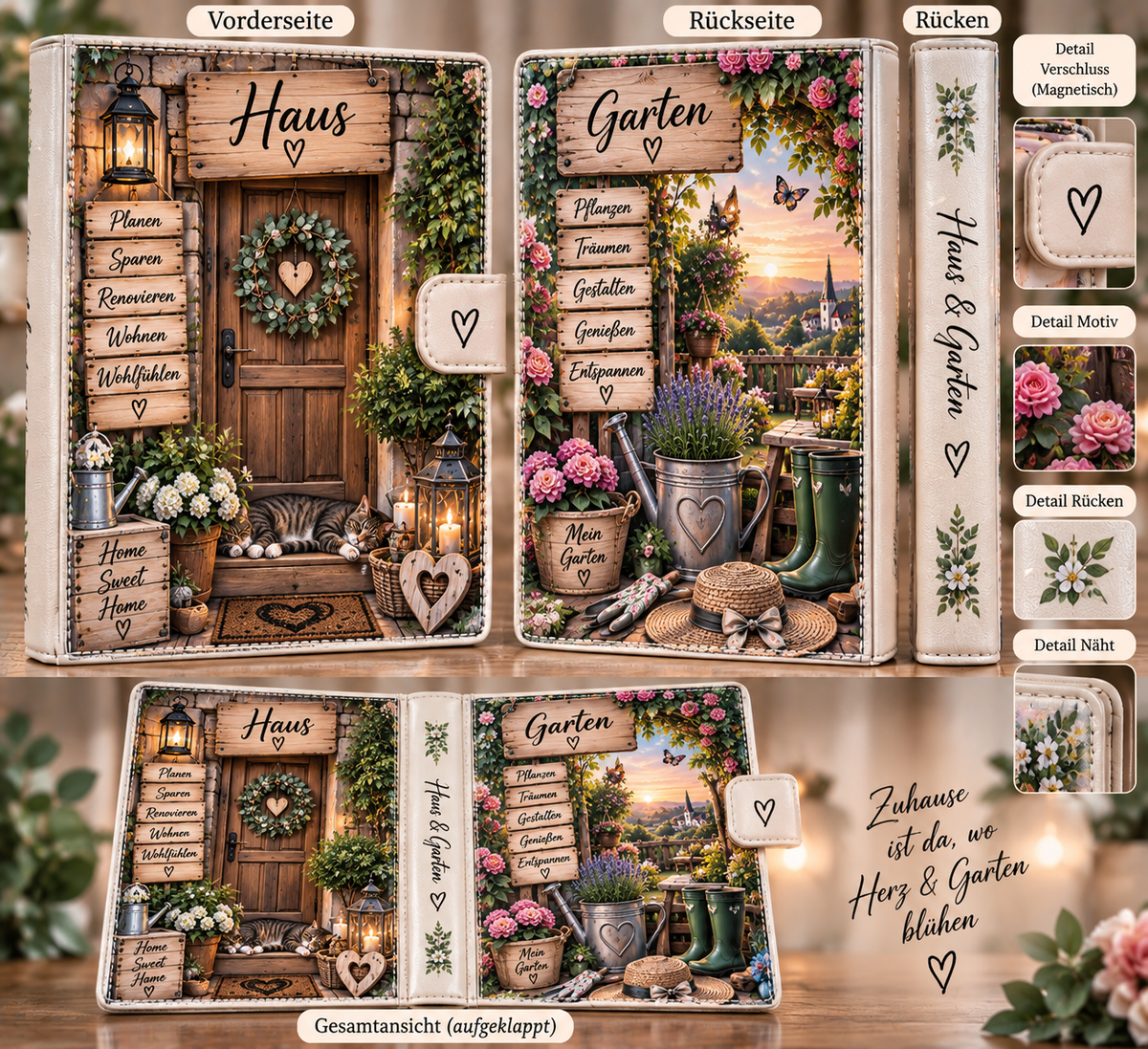 Budget Binder Haus und Garten – Vorderseite, Rückseite und Gesamtansicht