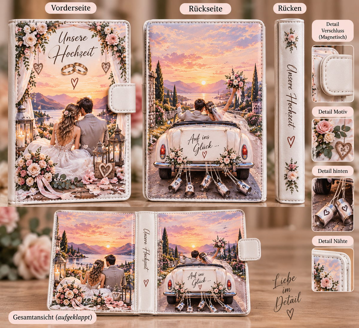 Budget Binder Hochzeit – Vorderseite, Rückseite und Gesamtansicht