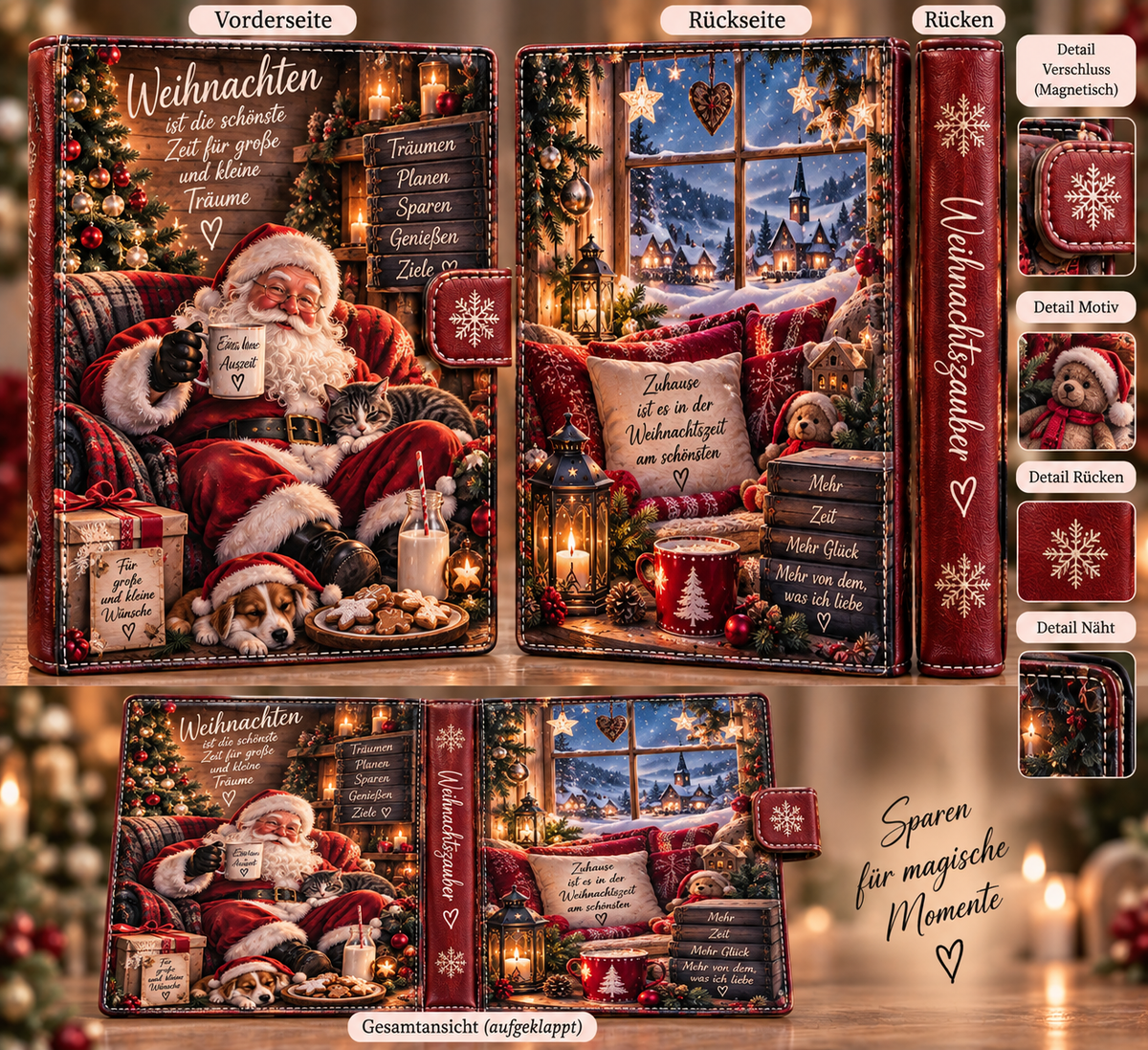 Weihnachtlicher Budget Binder mit Weihnachtsmann – Vorderseite, Rückseite und Gesamtansicht