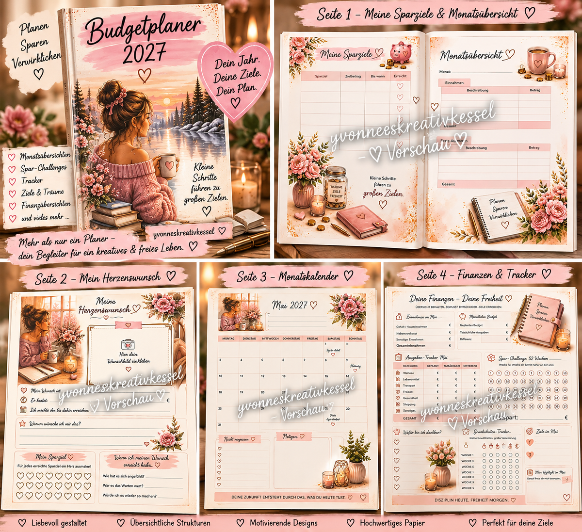 Budgetplaner 2027 – geschützte Vorschau mit vier Innenansichten zu Sparzielen, Monatskalender, Finanzen und Trackern