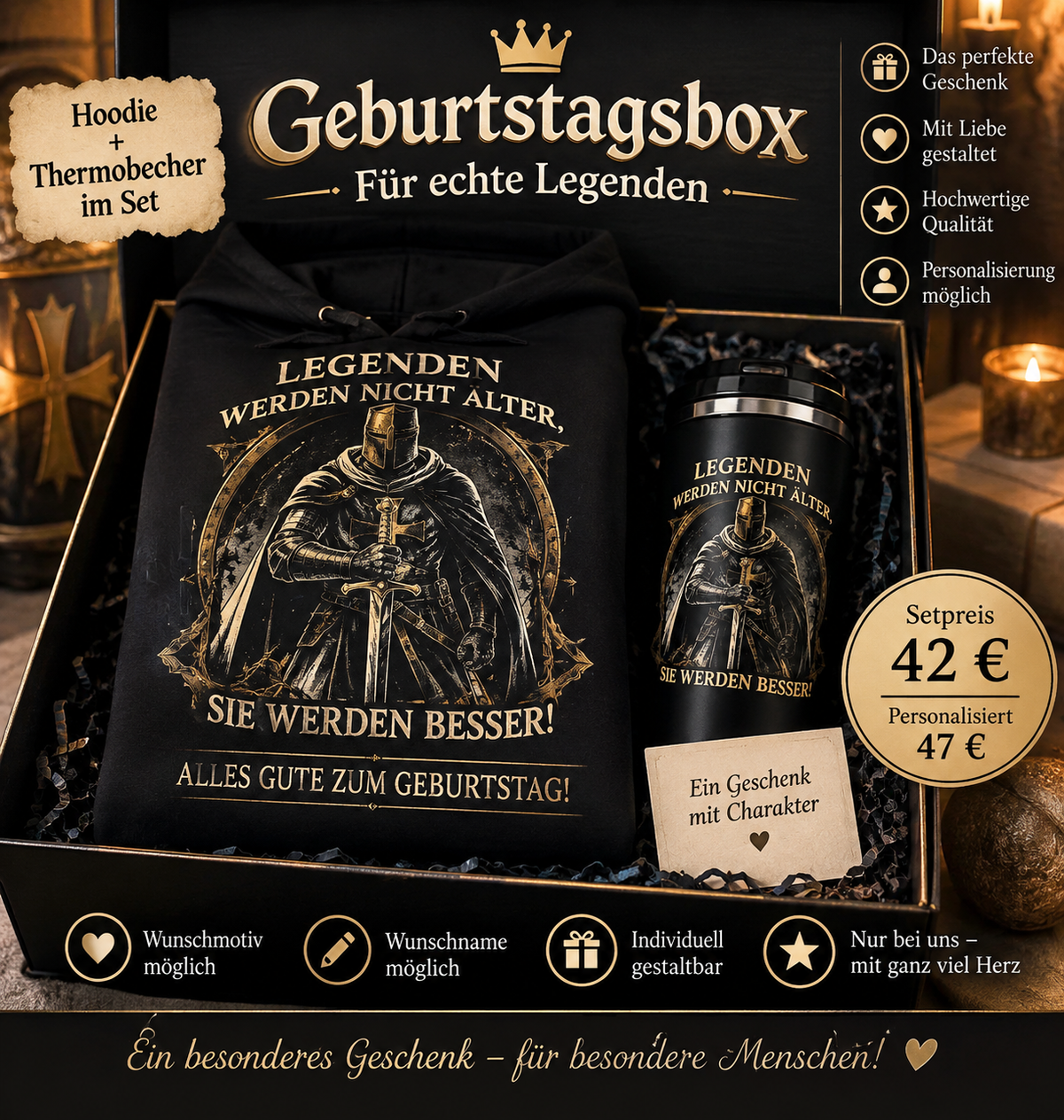 Geburtstagsbox Legenden mit Hoodie und Thermobecher – Setpreis 42 Euro