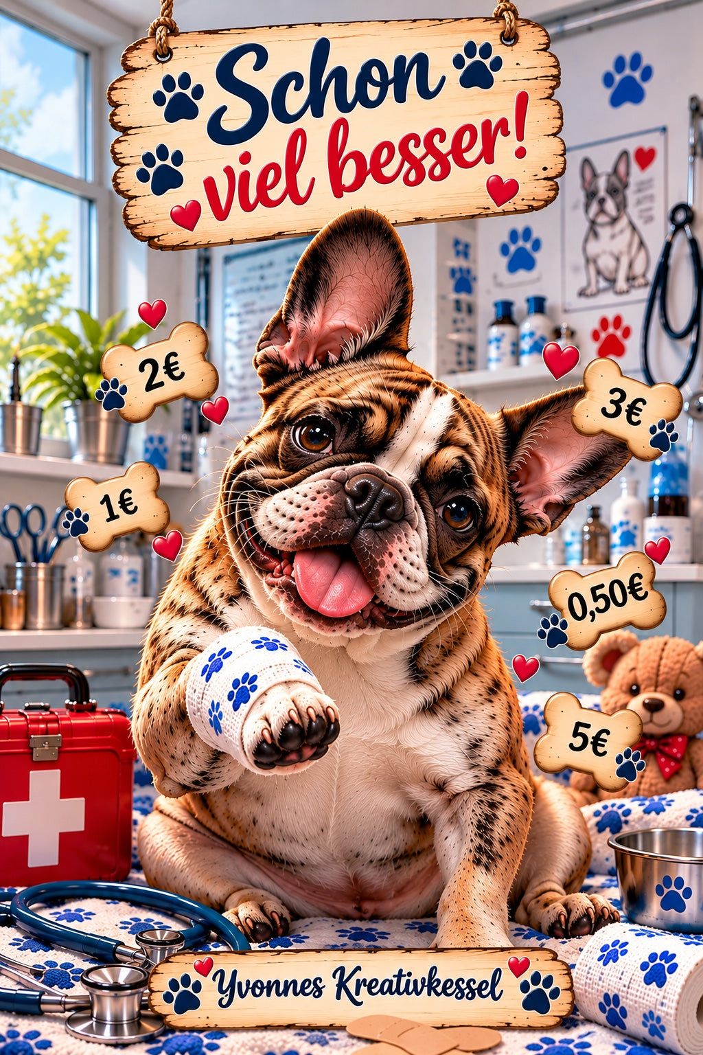 Wackelbild Spar-Challenge Französische Bulldogge mit Verband und Sparbeträgen