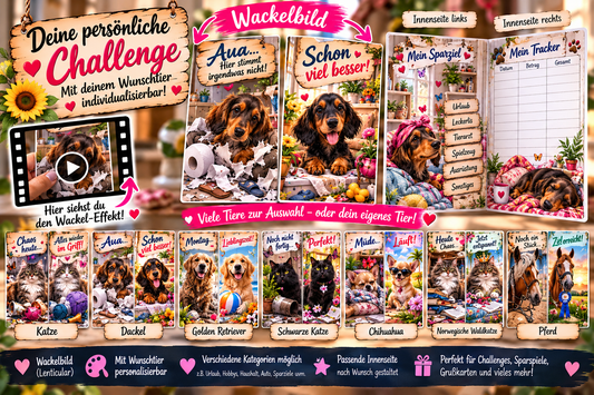 Personalisierbare Wackelbild-Spar-Challenges mit verschiedenen Tieren und Themen